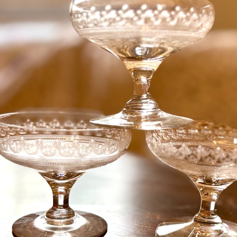 Fostoria Cloverleaf Etched Sherbets | Set of 3 | Antique Paneled Glass - Picture 4 of 7